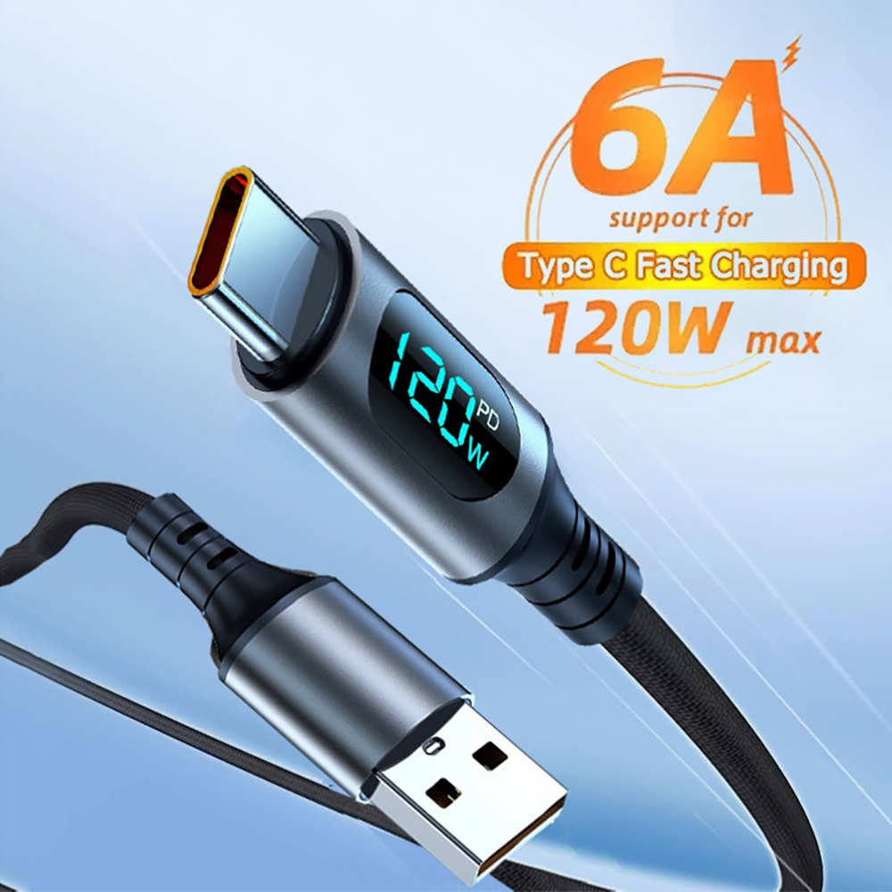 120W 타입 C 고속 충전 케이블 LED 디지털 디스플레이 케이블 6A 나일론 데이터 코드 샤오미 삼성 아이폰 데이터 전송 와이어