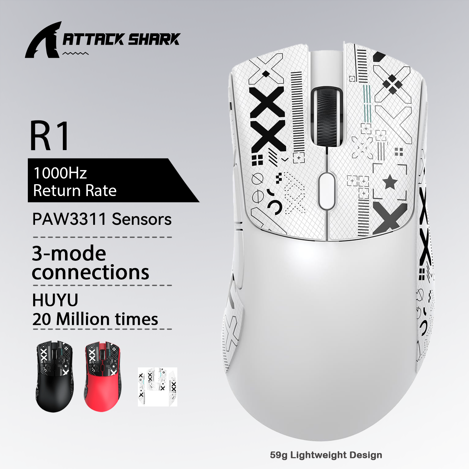 Беспроводная игровая мышь Attack Shark R1 X11, 18K DPI PAW3311, трехрежимная Bluetooth/2,4 ГГц/проводная, легкая, игровая мышь для макросов
