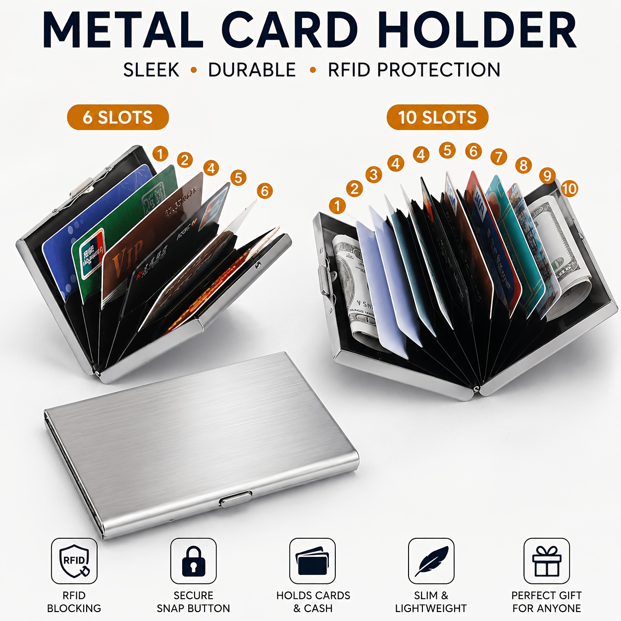 Dompet Kartu Kredit RFID, Dompet Kartu Kredit Logam dengan 6 atau 10 Slot Pelindung Pemblokir untuk Keamanan Pria dan Wanita