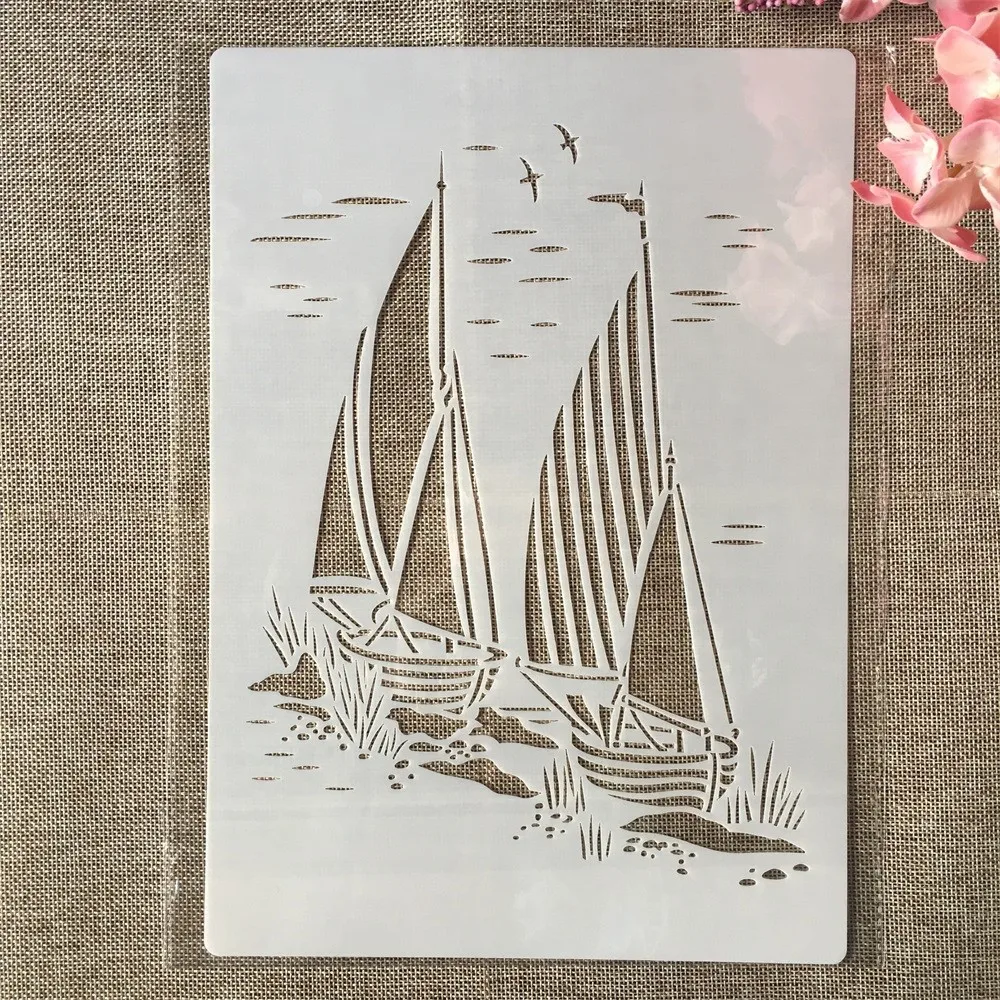 Plantillas decorativas A4 de 29cm con dos barcos de vela, bricolaje, pintura de pared, libro de recortes colorear, álbum en relieve