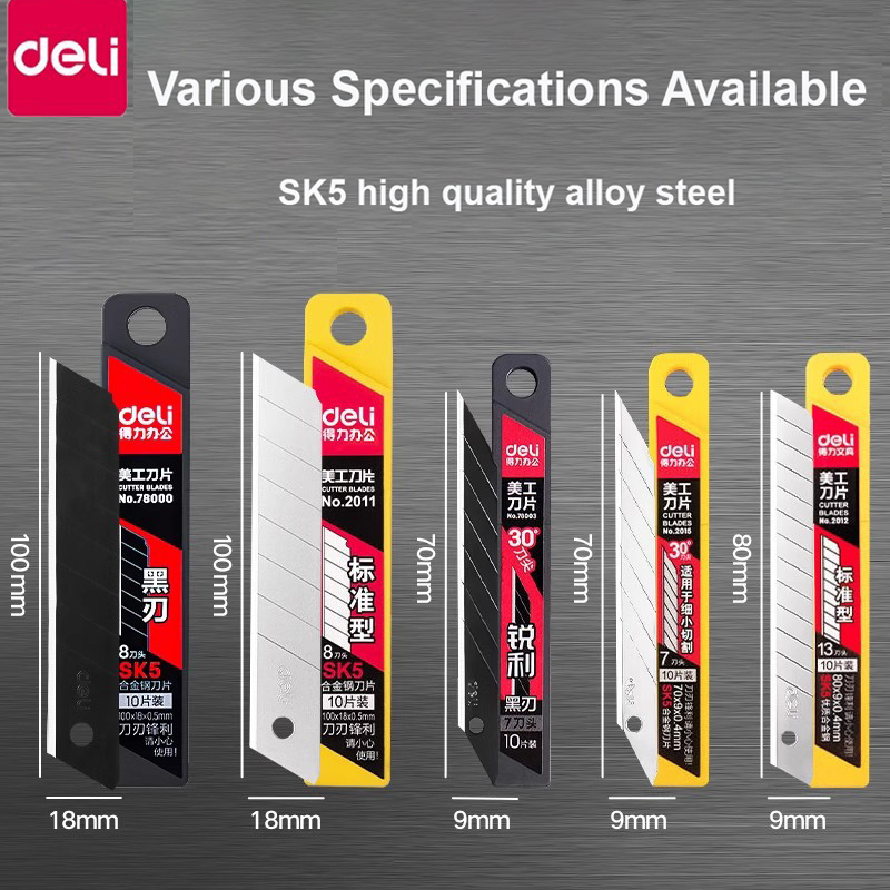 Deli Cutter Blades High-Quality Black/Silver Alloy Steel Replacement Blade Fit for All Type Knife, Use in Home Office Art Crafts
