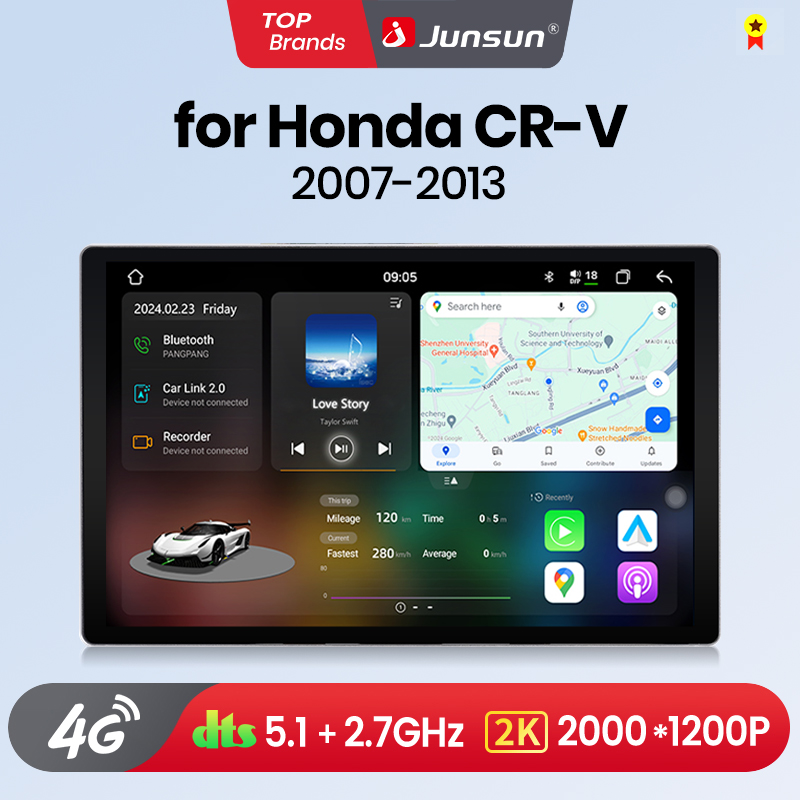 Junsun-Sistema Inteligente CarPlay Sem Fio, V3 Plus, 2K, Android 13, Sistema Inteligente Auto Carro para Honda CR-V 3 RE CRV 2007-2011