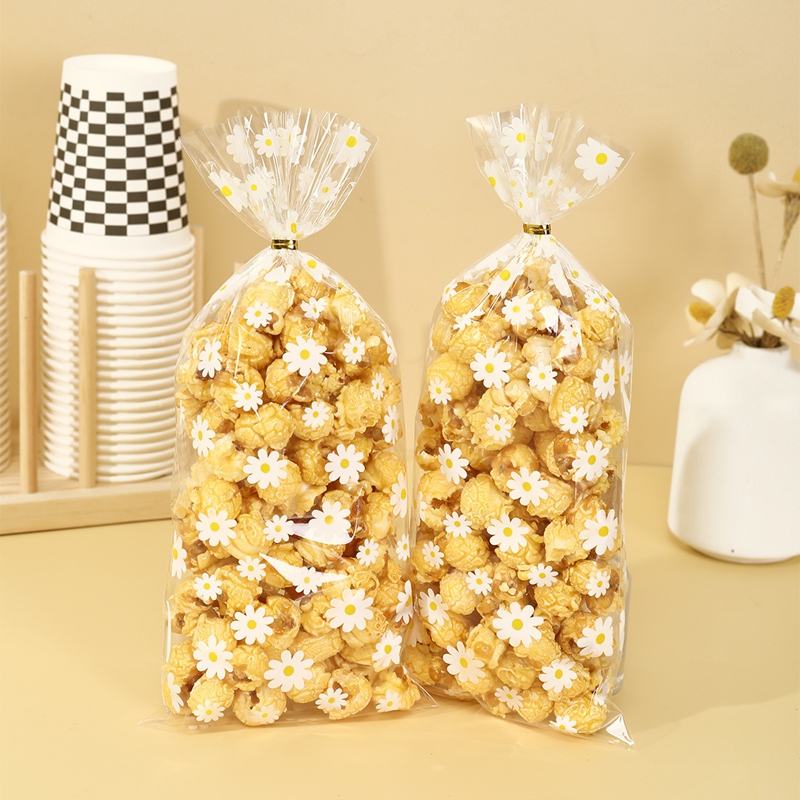 50 Uds. Bolsas de dulces de margaritas y flores, bolsa de embalaje transparente para galletas y hornear, suministros para envolver regalos de fiesta de cumpleaños y boda