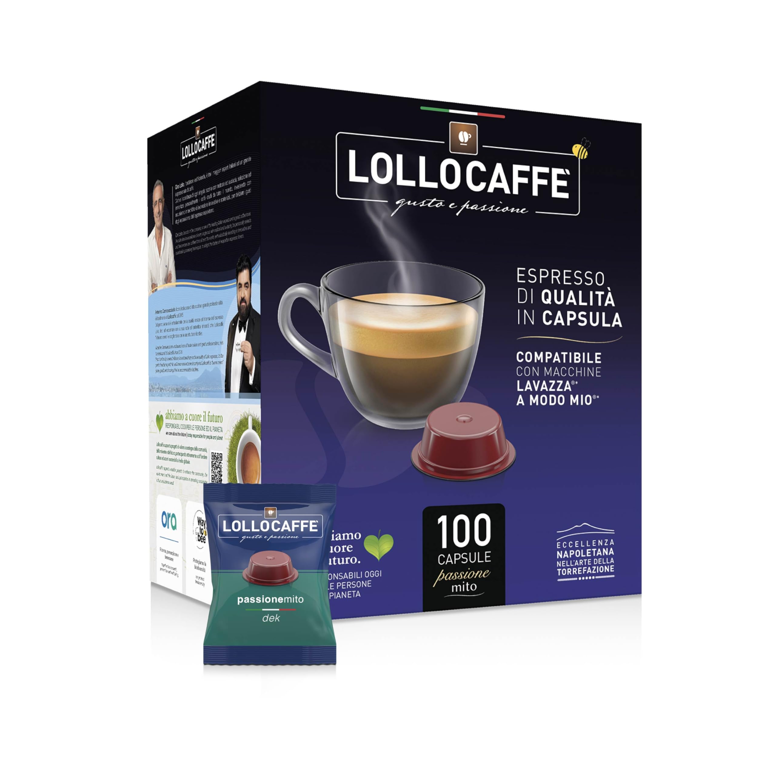 Lollo Coffee Passione Mito, Blend Dek - 100 cápsulas - Compatible con máquinas domésticas Lavazza * Mio *