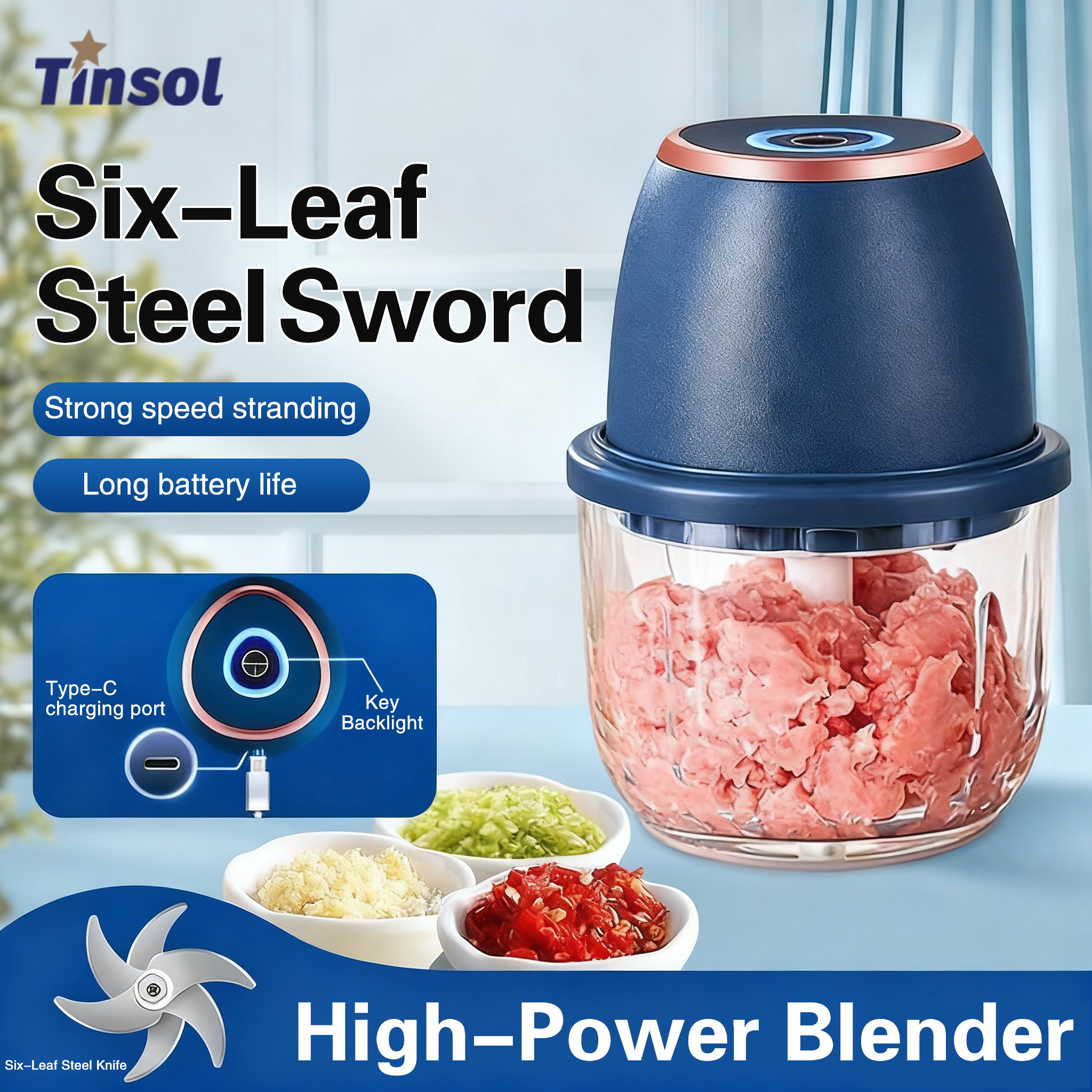 TINSOL-picadora de carne eléctrica de 350ML, picadora de alimentos, machacador de ajo, USB, rebanador de verduras multifunción, licuadora, Mezclador de cocina