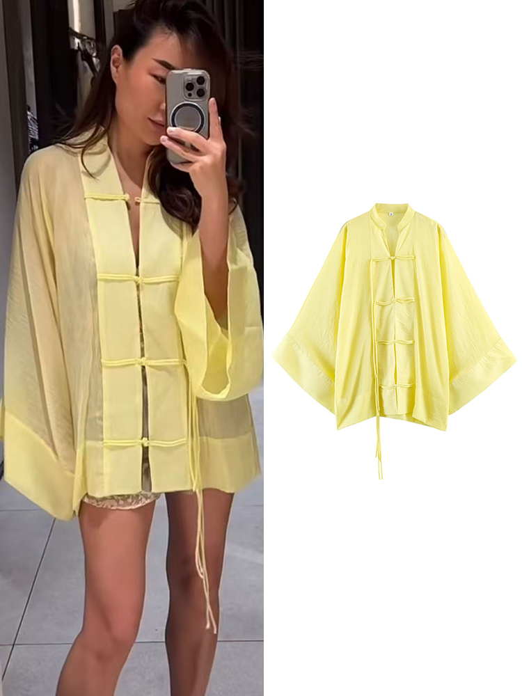 TFMLN Blusa Holgada de Verano para Mujer, Elegante, de Manga Larga, con Botones, Casual, Transparente y Ligera