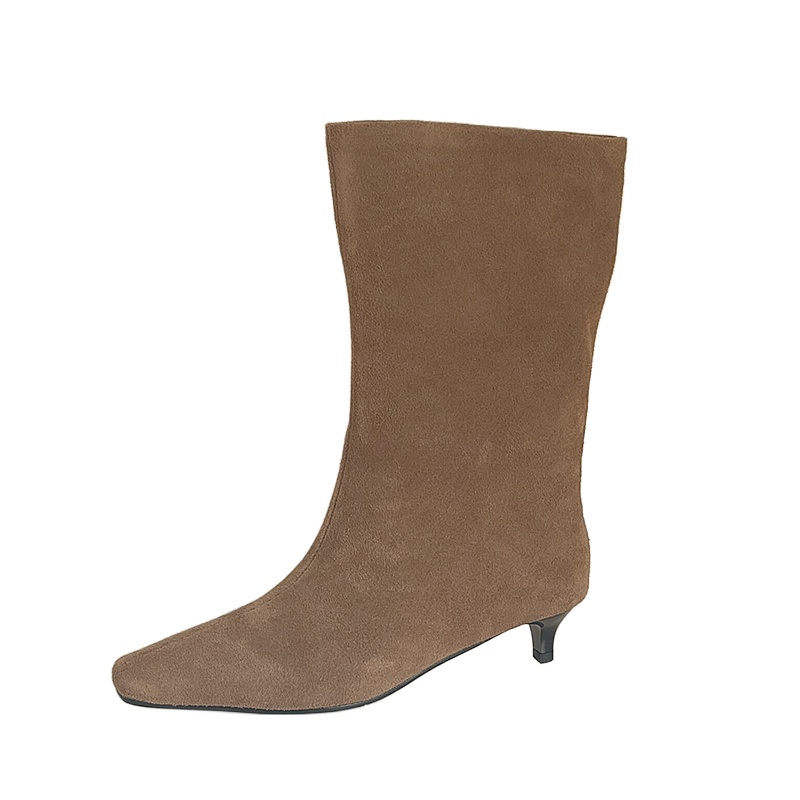 SmallHut New 2026 Trend Women Autumn Winter Cow Suede Ankle Boots Khaki Brown Chocolate Kitten Heel Pointed Toe Slip-on Boots