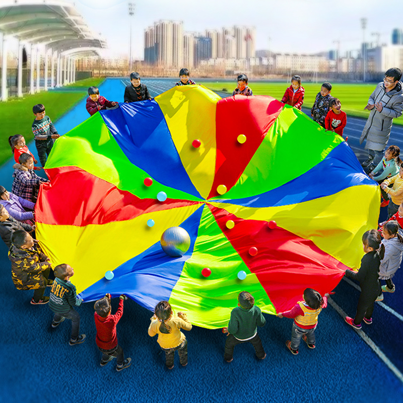 Outdoor-Kinderspiele Kinder spielen Regenbogen Fallschirm Spielzeug 2m 3m 5m kooperative Teamwork-Aktivitäten Party Karneval Spaß Gefälligkeiten