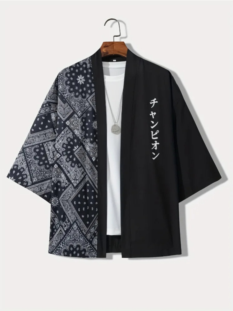 Masculino casual estilo quimono japonês carta impressão solto ajuste aberto frente camisa roupas adultas para férias de verão resort fotografia
