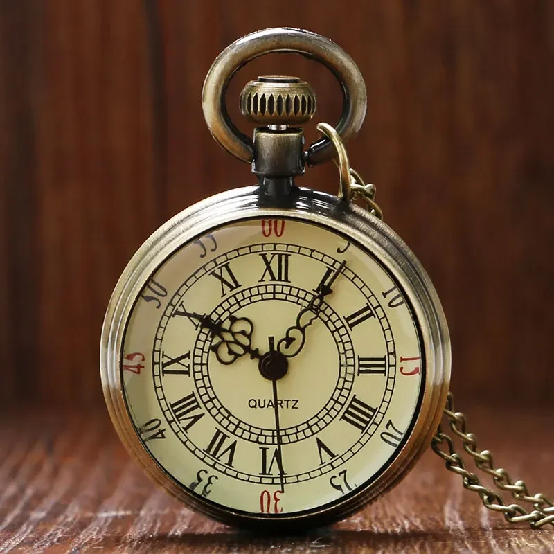 Reloj de bolsillo romano de bronce, números antiguos, collar de cadena, colgante, cuarzo