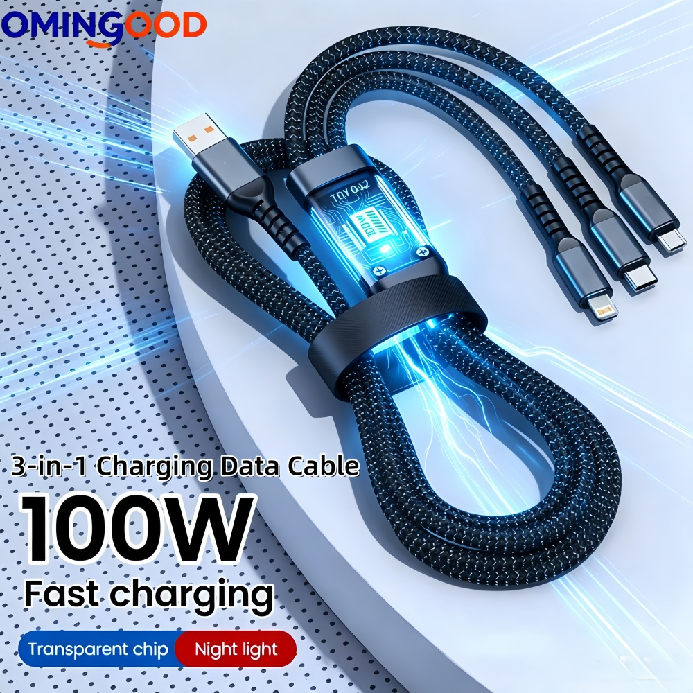 NUEVO Cable de Carga Rápida de 100W con Trenzado de Nailon, Cable USB 3 en 1 con Adaptador Universal Tipo-C Micro para Múltiples Dispositivos
