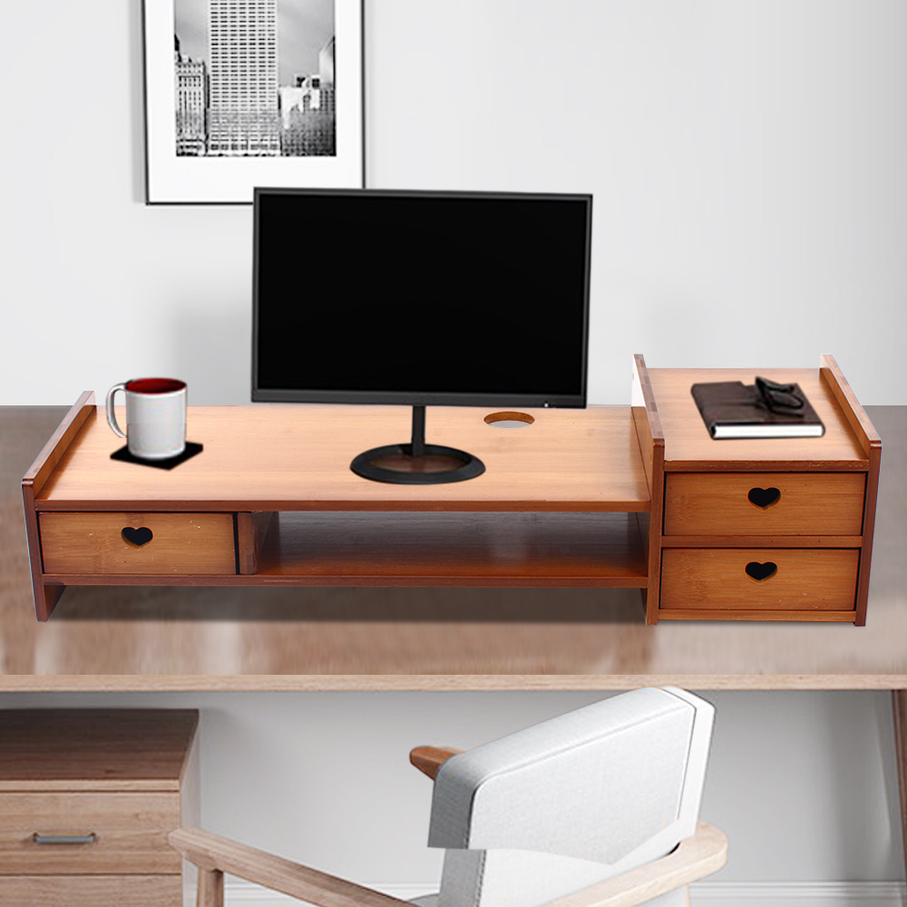 Bamboo Wood Monitor Stand with Storage Organizer Drawers Desktop Laptop Shelf Risers Stand for Home Office Use