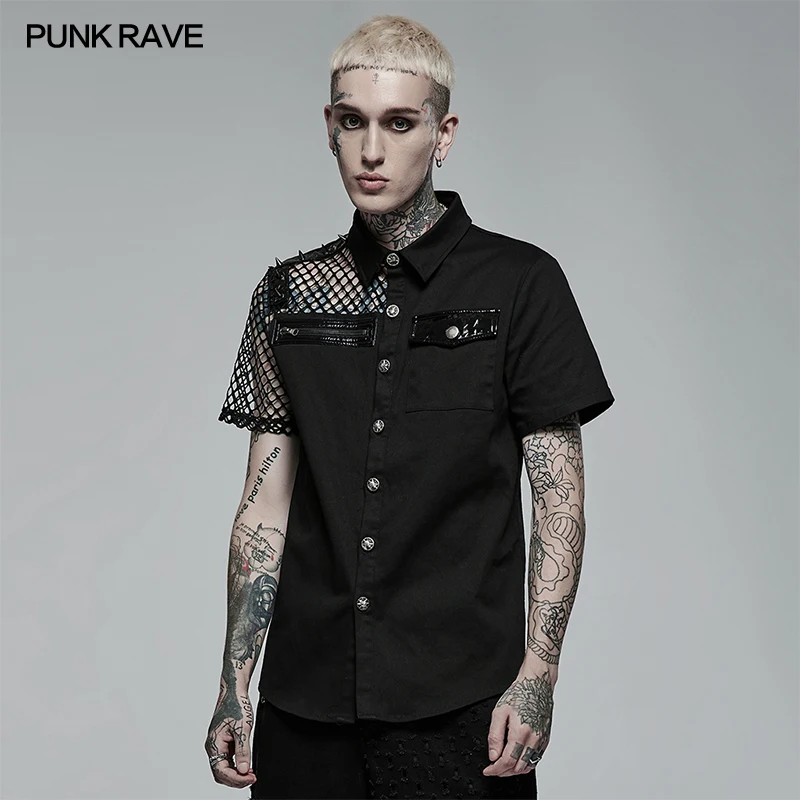PUNK RAVE Мужская черная рубашка в стиле панк с простым профилем и асимметричной строчкой на пуговицах в форме призрака, летние повседневные блузки, рубашки для мужчин