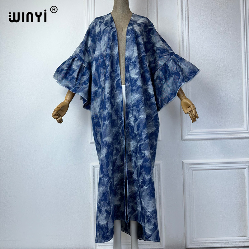 Кимоно WINYI, окрашенное в завязку, жаккардовое, стирка, джинсовый кардиган, Макси-Платье, элегантное женское платье для пляжа, плавания, модное платье, абайя