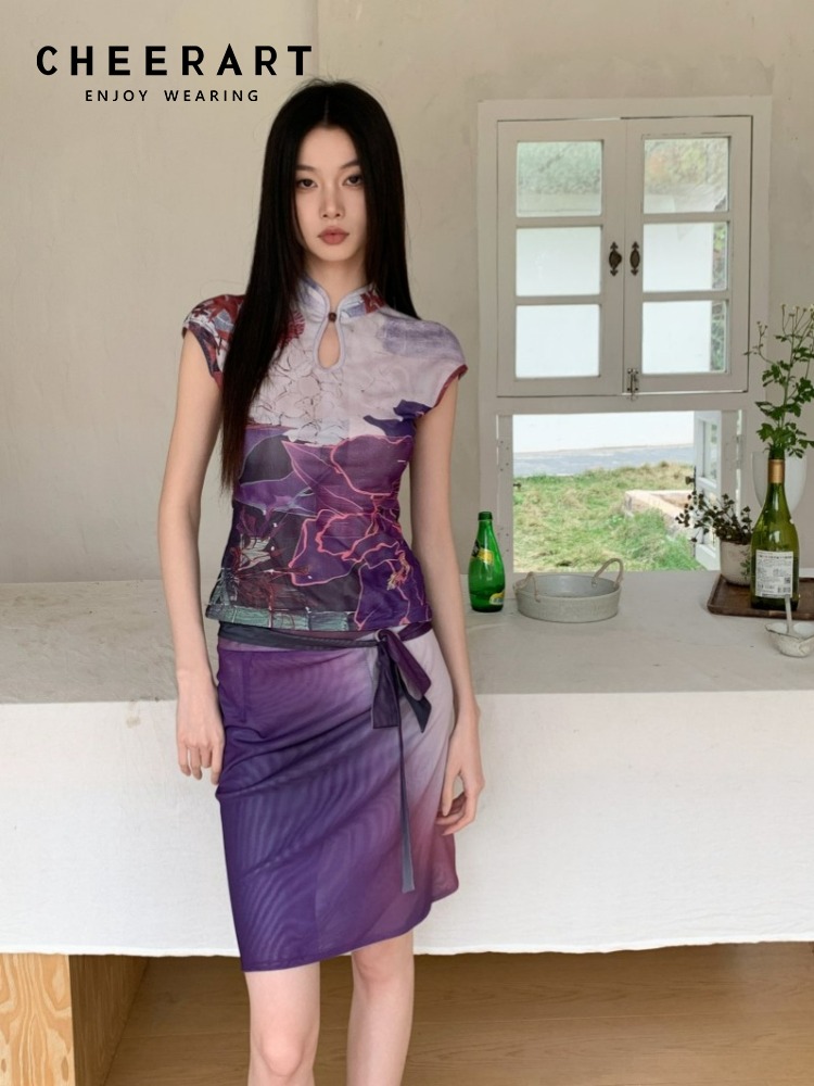 CHEERART Reversible Cheongsam Vintage Summer 2 Piece Sets Women Outfit Mesh Floral Top And Skirt Set Designer Clothes