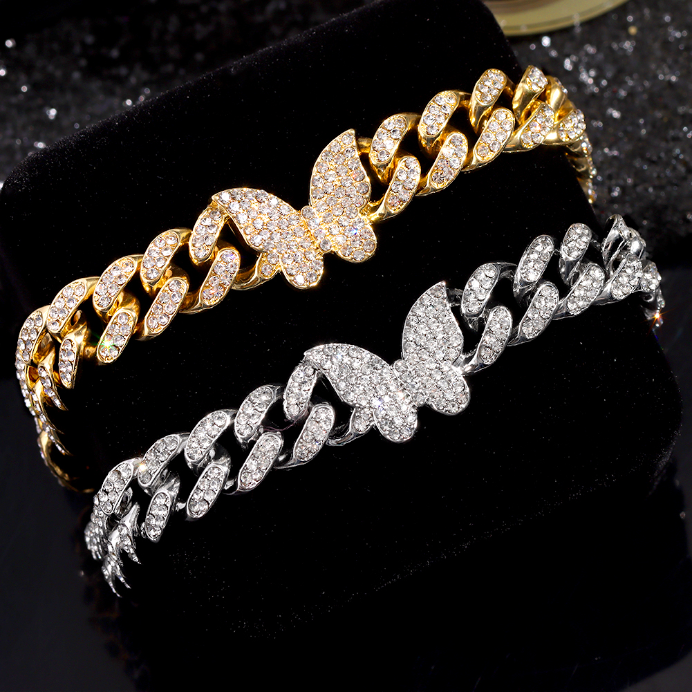 Moda Shine Farfalla di cristallo Miami Cavigliere cubane per le donne Iced Out Bling Catena a maglia cubana Bracciale alla caviglia 2022 Gioielli da spiaggia