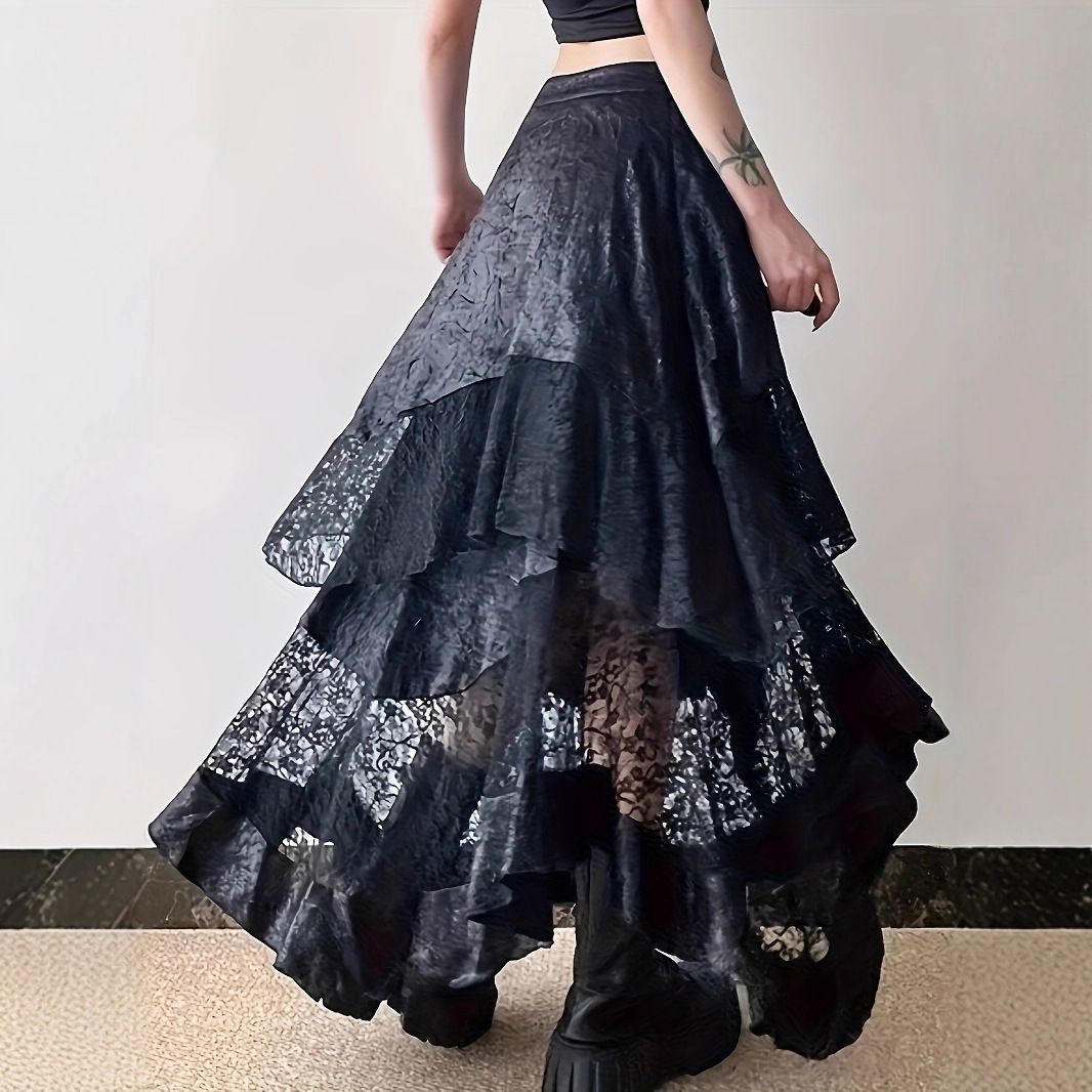 Gothic Vintage Schwarz Midi Rock Ästhetik Y2k Spitze Unregelmäßigen Rock Französisch Stil Elegante Casual Rock Frau Design Chic