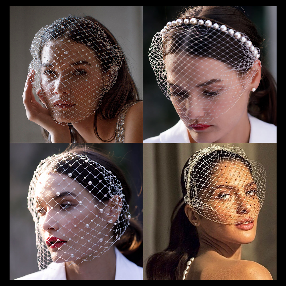 Topqueen va12 véu de malha de casamento, vários estilos, véu de gaiola com strass, blush destacável, acessórios para festa de despedida de solteira