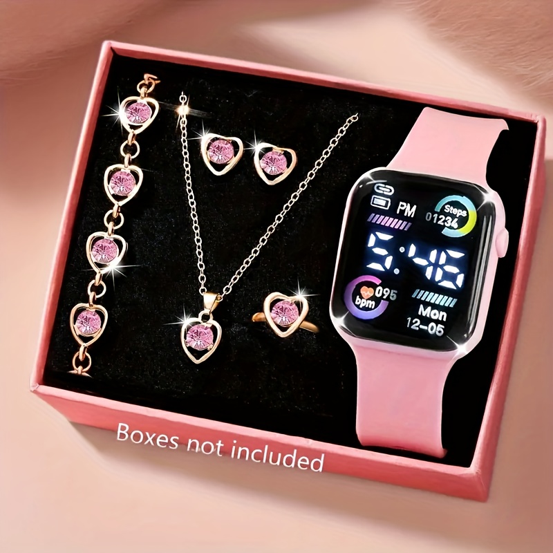 Conjunto de 6 peças de relógio eletrônico da moda, colar, brincos, conjunto de anel para adolescentes, meninos e meninas, a melhor escolha para frien
