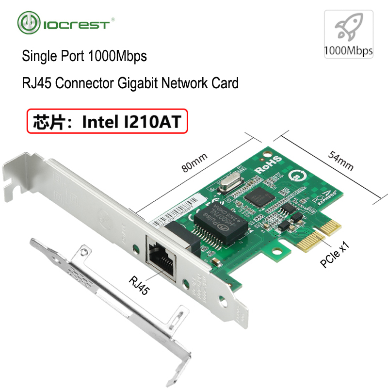 IOCREST adaptor Ethernet berkabel, Adapter Intel I210AT satu Port untuk Chip Intel I210-T1 PCIe X1 RJ45 PXE