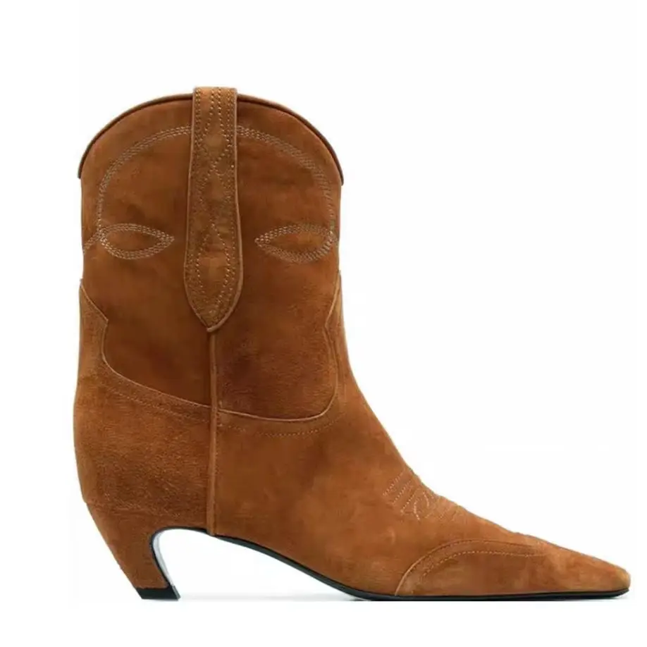 2026 nuevas botas bordadas para mujer, botas de vaquero del oeste con tacón de gatito, botas Retro con punta cuadrada, botines de tacón bajo