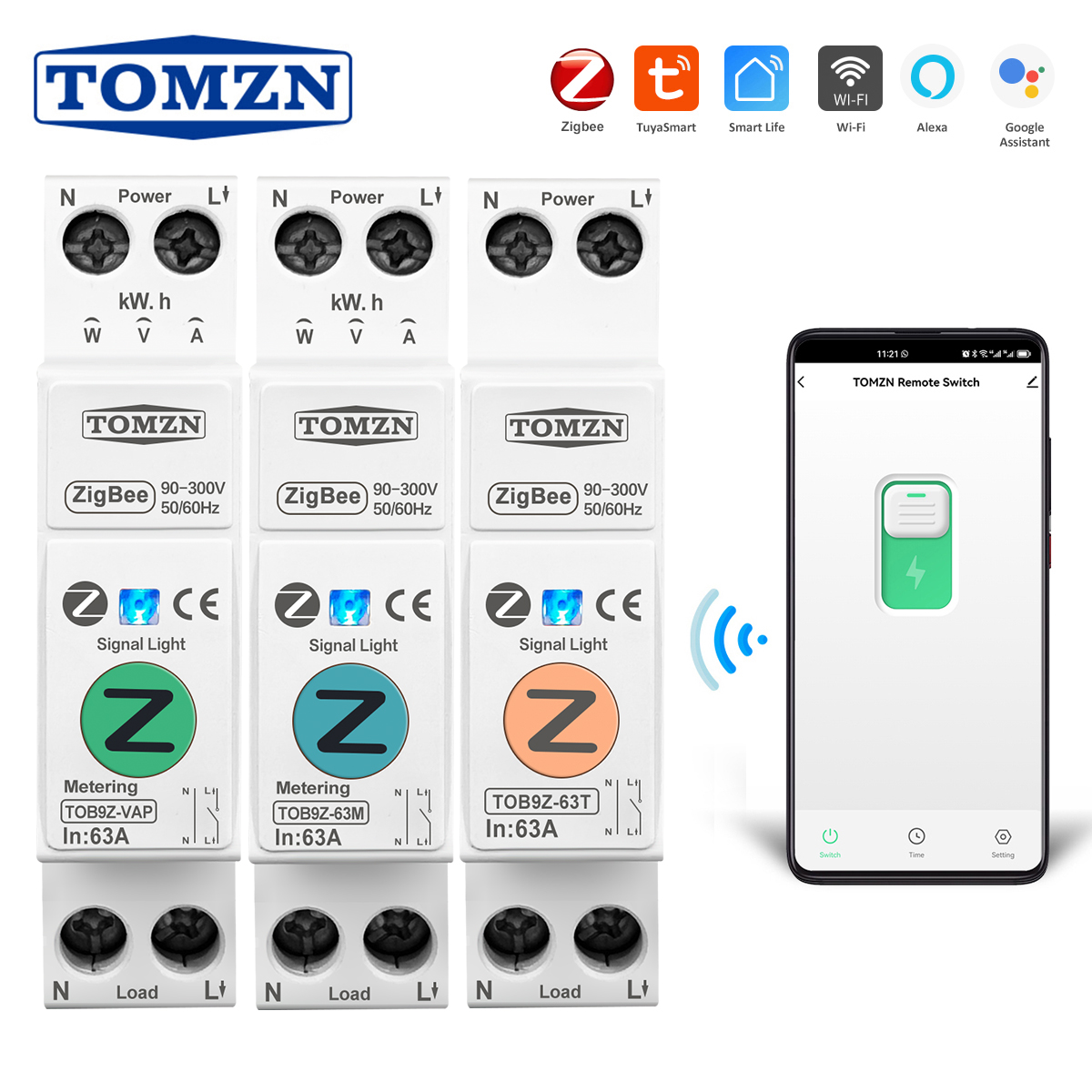 TOMZN Zigbee 63A meteran energi, sakelar cerdas WIFI 1P + N, pengukur energi Kwh, pemutus sirkuit pemantau Timer Relay MCB TUYA smartlife