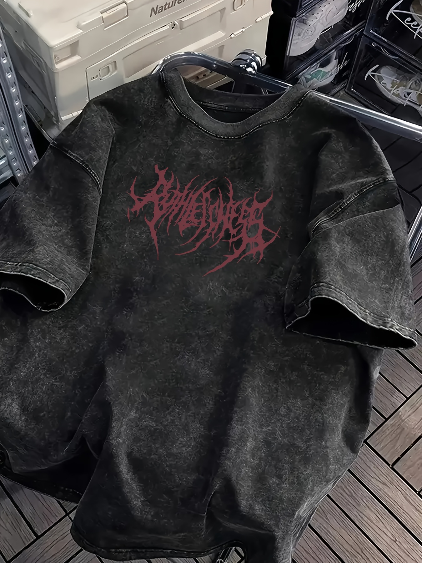 T-shirt oversize Y2K Grunge pour homme, imprimé police gothique, coton épais, noir délavé, streetwear Harajuku, manches courtes