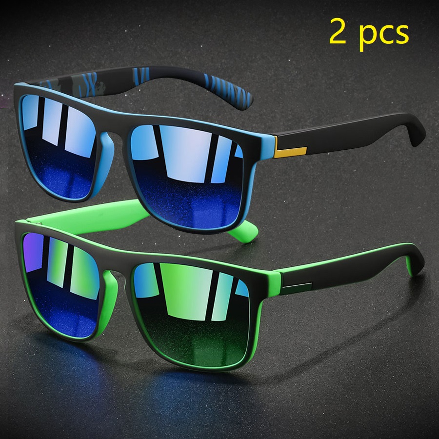 2 Pieces Fashion Vintage Square Sports Sunglasses Men Women Fishing Driving Man Brand Designer Sun Glasses Retro Eyewear
