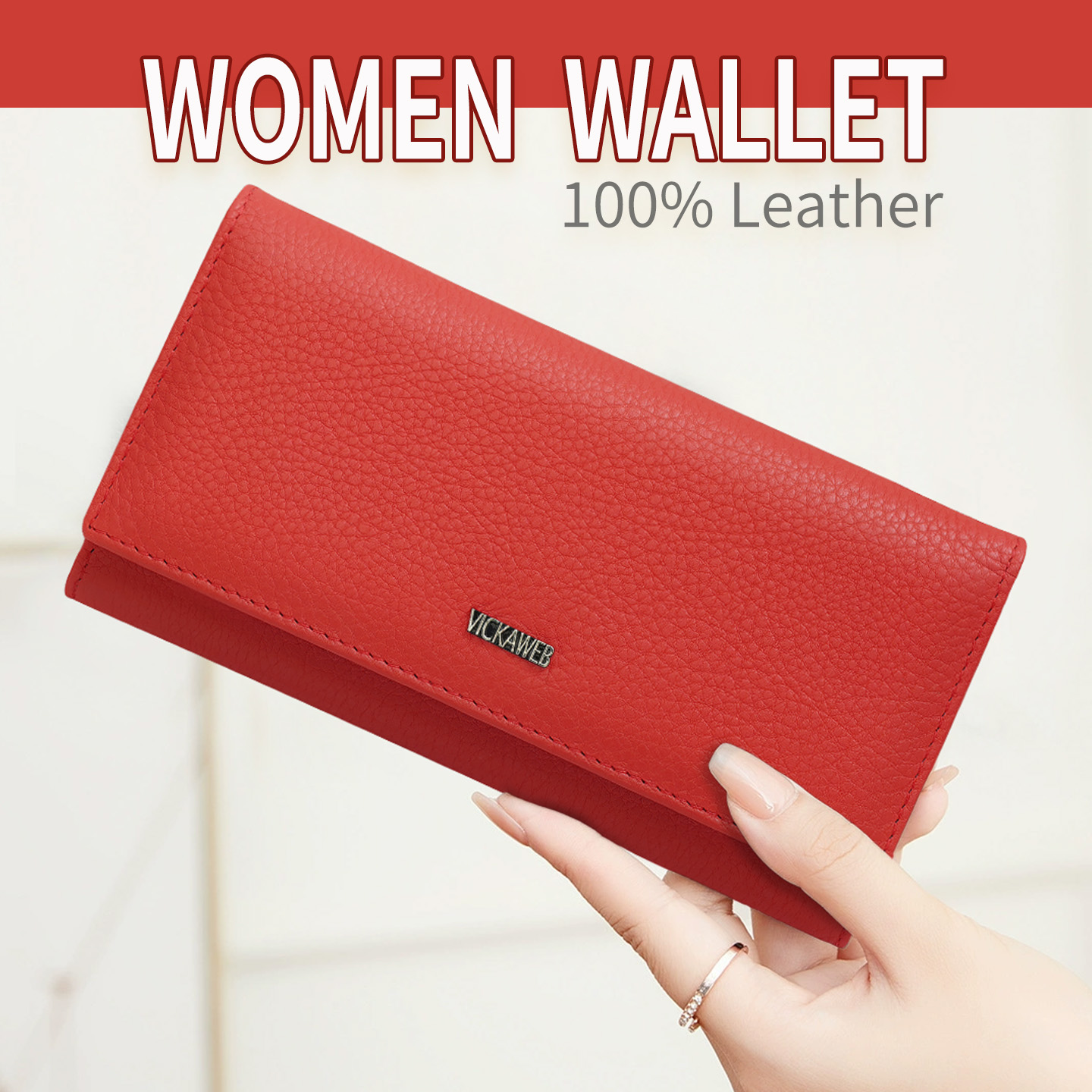 Cartera Larga de Cuero Genuino para Mujer, con Cierre Magnético y Cremallera, Elegante Organizador de Monedas