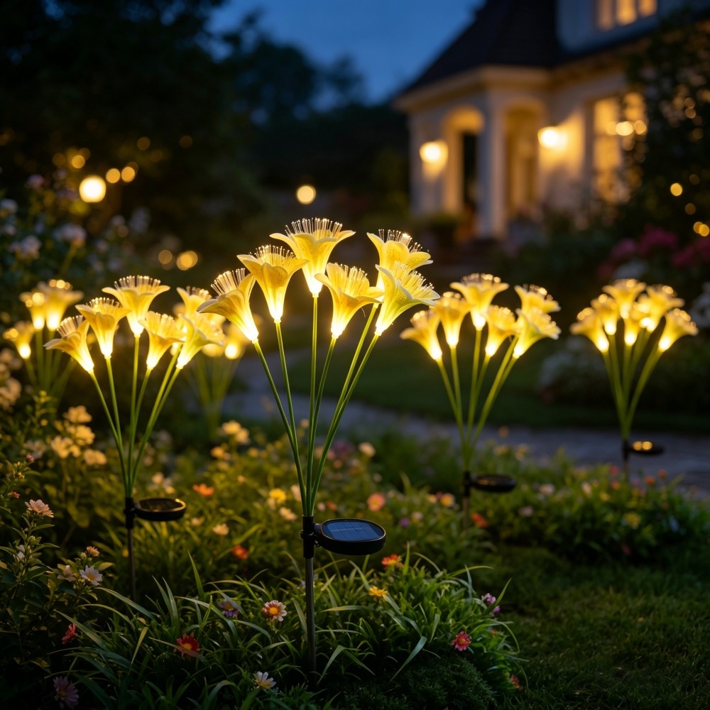 Luzes de Estaca Solares em Formato de Lírio para Jardim, Luzes de Caminho Brancas Quentes IP65 à Prova d'Água para Decoração de Casamentos, Festas, Pátios e Jardins Externos