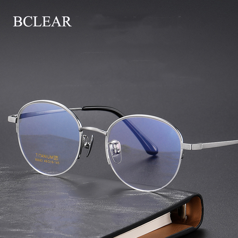 BCLEAR Fashion kacamata bulat Retro Pria Wanita, bingkai lensa mata setengah Rim Titanium ultra-ringan nyaman kaki sangat elastis