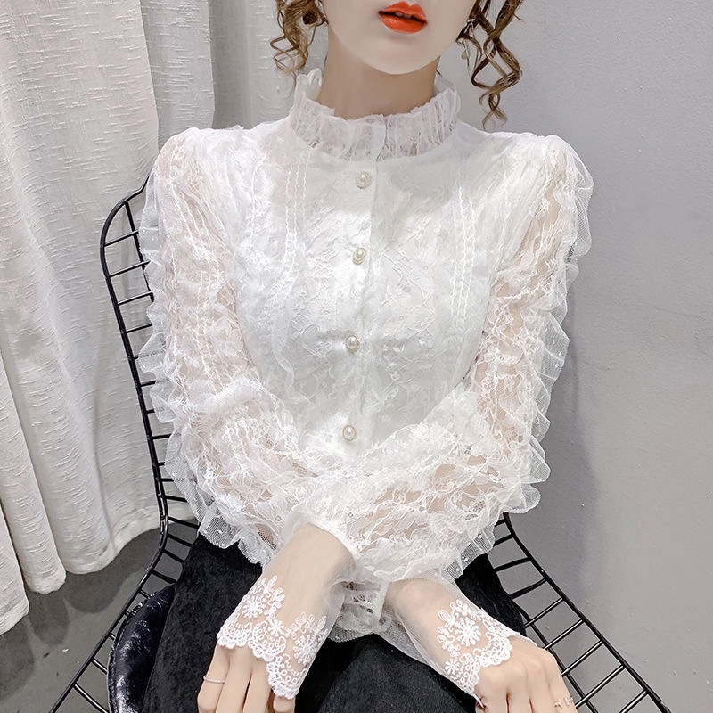 2025 ฤดูใบไม้ผลิฤดูใบไม้ร่วงใหม่แฟชั่นผู้หญิงสบายๆอินเทรนด์Elegantสีทึบลูกไม้คอยาวแขนยาวสไตล์ฝรั่งเศสเสื้อหญิง