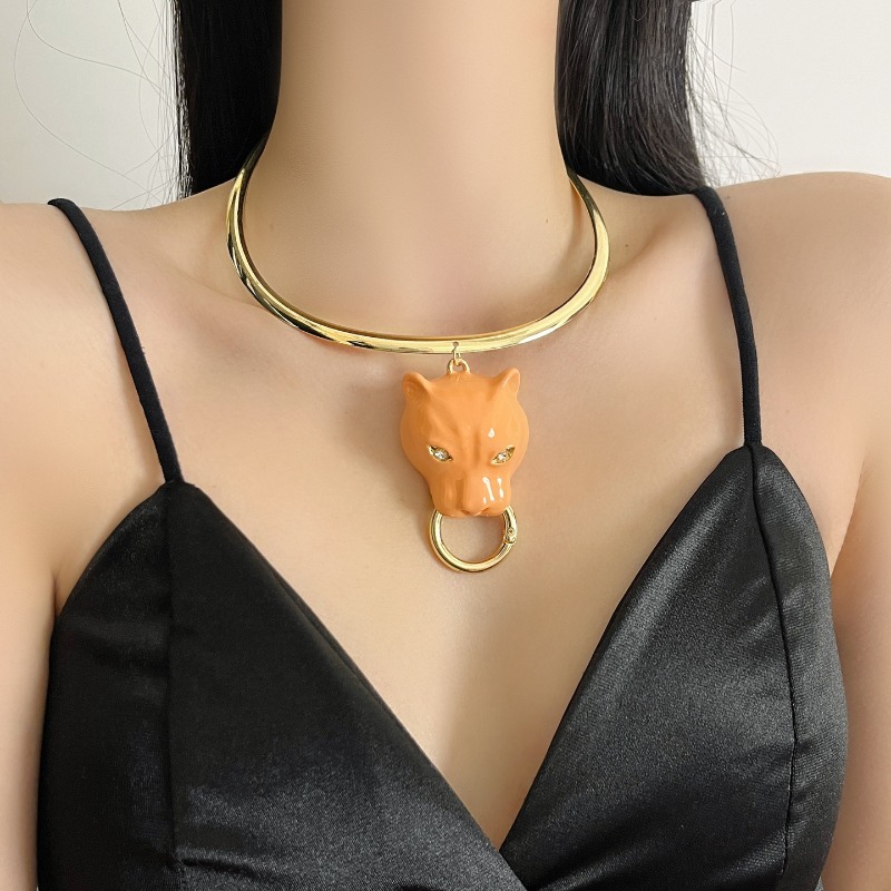 Kalung Liontin Kepala Macan Tutul Enamel Gaya Hewan, Kalung Punk, Perhiasan Kalung Bundar untuk Wanita, Pesta, Acara Malam, Sehari-hari