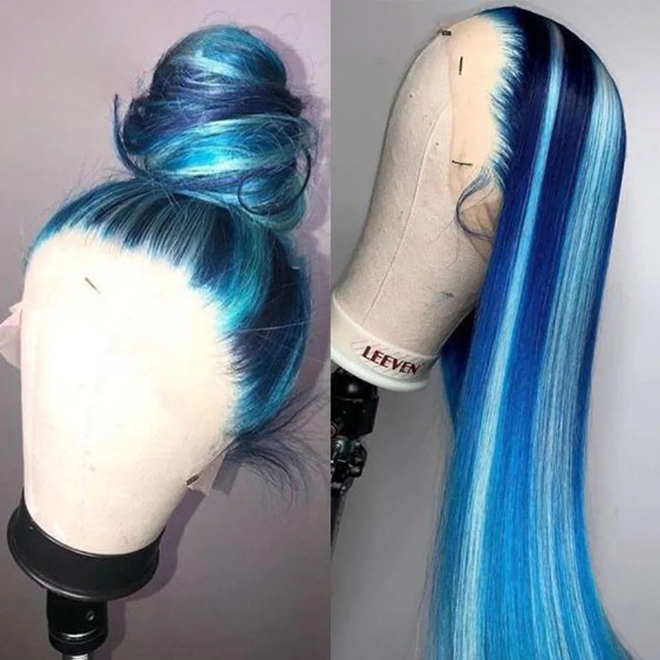 Peruka syntetyczna typu lace front, niebieska, długa, prosta, bezklejowa, wstępnie wyskubana, gotowa do założenia, dla kobiet, 24-32 cale, do codziennego użytku.