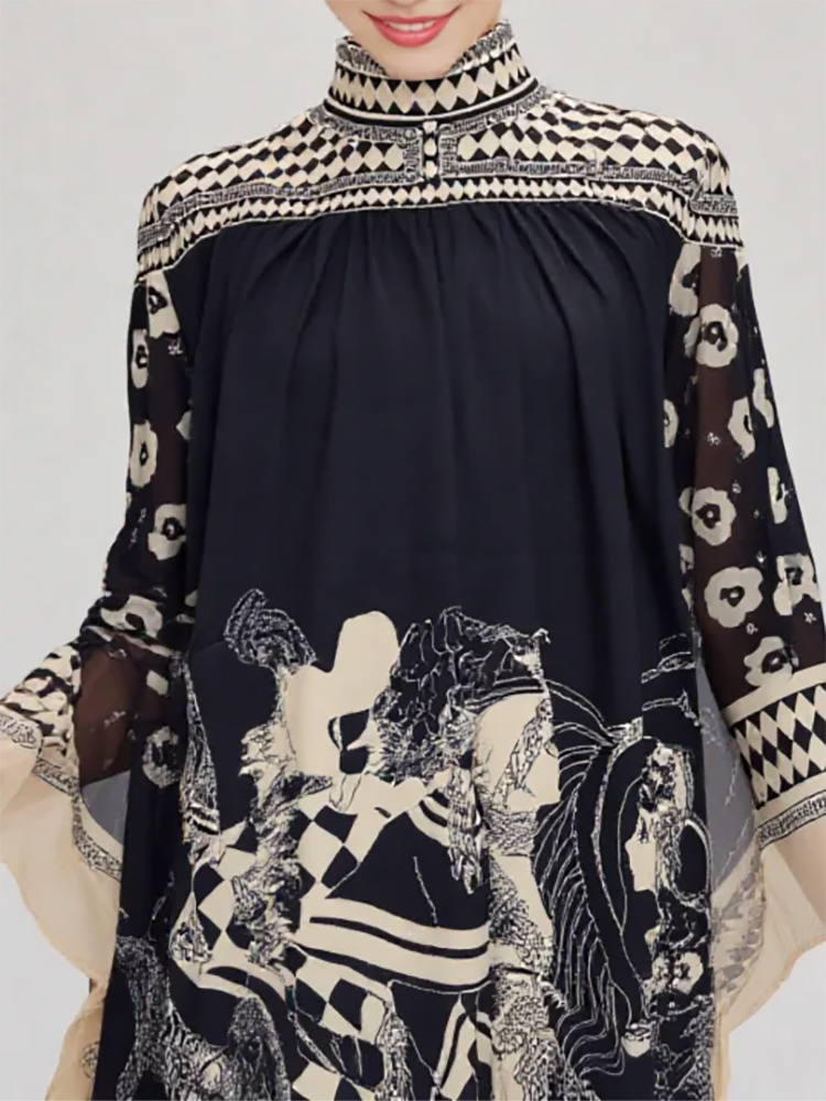 Sukienka z kołnierzykiem, rękawami trzy czwarte, retro nadrukiem, dekoltem w serek, elegancka, luźna sukienka damska na jesień, sukienka maxi na imprezę, sukienka sznurowana, vestido.