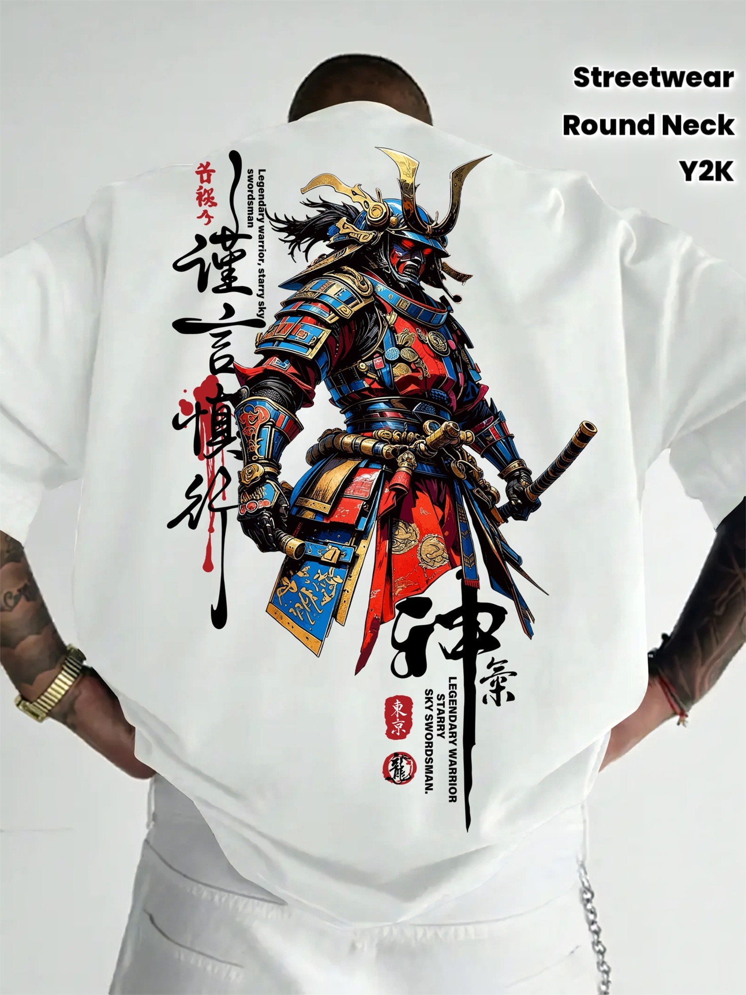 Camiseta masculina nova de verão estilo street com estampa de samurai em estilo cartoon, adequada para uso diário, adequada para homens e mulheres.