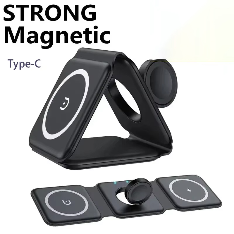 Station de charge rapide magnétique portable 3-en-1 pour iPhone 17 16 15 14 13 12 Pro Max, Apple Watch et AirPods
