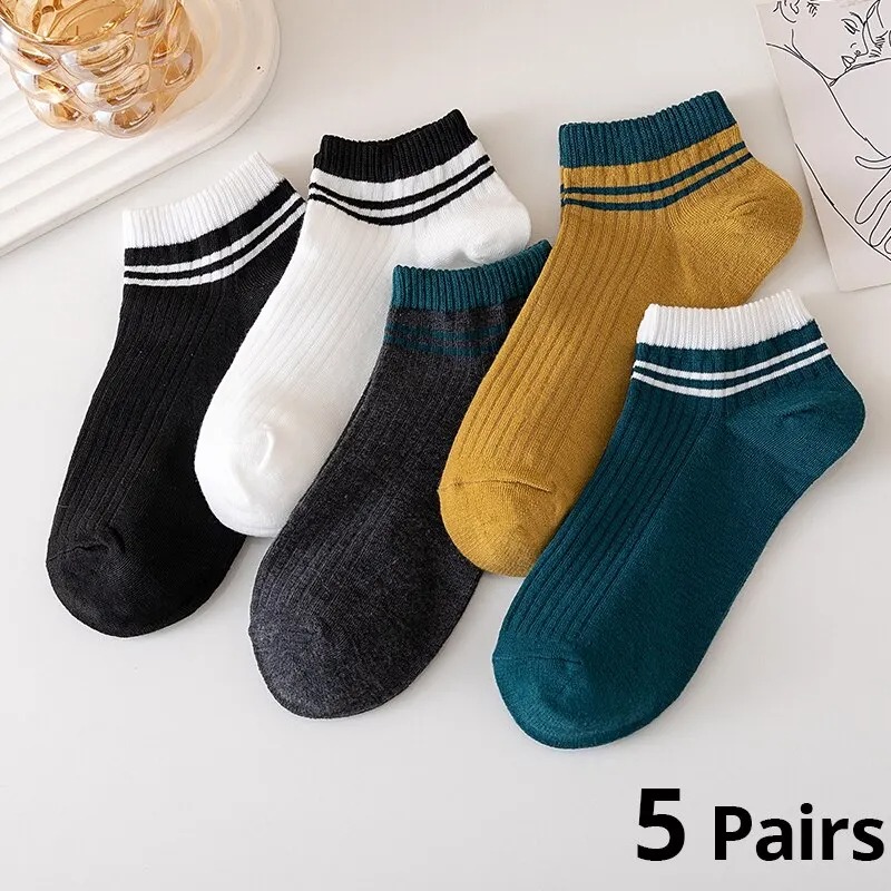 5 pares de calcetines deportivos transpirables de corte bajo para primavera y verano calcetines deportivos a rayas de algodón estilo pijo Coreano para hombres
