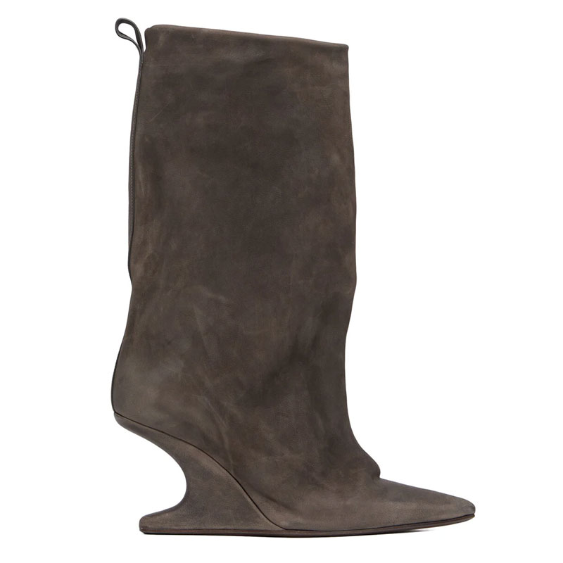 Perfect for Bold Fashion 2026 Black Peep - Toe Wedge Knee - High Boots, Sculptural Wavy Calf Design, Modern Avant - Garde Style,