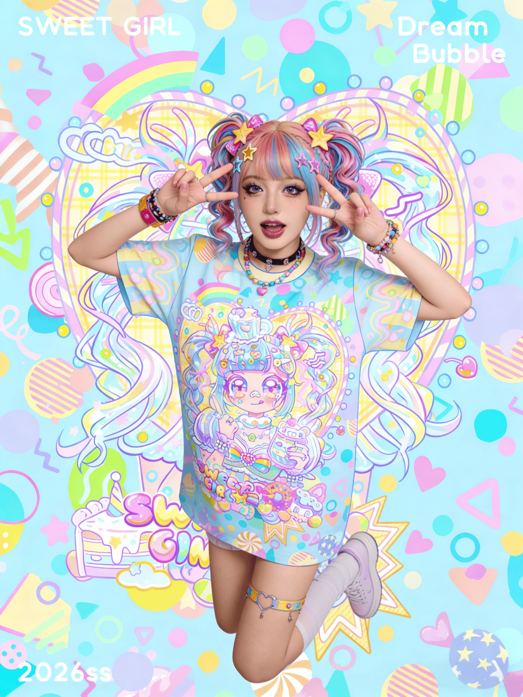 Camiseta de Edição Limitada Sweet Girl, Estilo Macaron Colorido, Impressão Completa, Estilo Y2K, Verão, Harajuku, Tamanho Grande para Crianças/Adultos