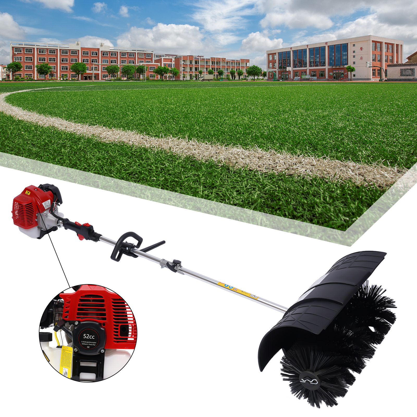 2.3HP 52CC Gas Power Walk Achter Veegmachine, Handbediende Sneeuwveger voor Oprit Turf Kunstgras