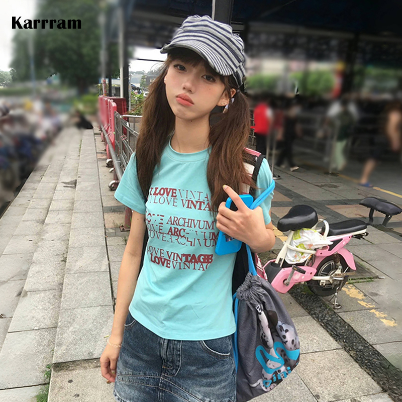 Karrram Japońska Koszulka Y2k z Nadrukiem Liter, Krótki Top w Stylu Trashy z Lat 2000, Vintage Harajuku, Krótki Rękaw, Koszulka w Stylu Retro Amerykańskim z Lat 90.
