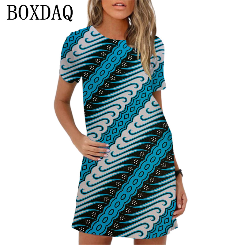 Casual Plus Size Vrouwen Jurken Zomer Korte Mouw Mini Jurk Vintage Geometrische Patroon Afdrukken A-Lijn Jurk Voor Vrouw Kleding