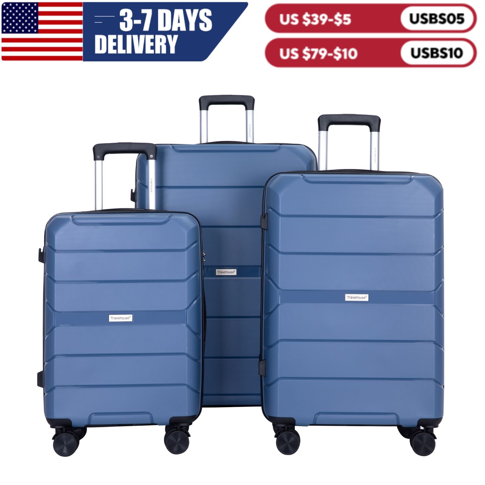 Travelhouse Set koper ringan dengan kunci TSA, Set roda putar koper keras PP dengan pengunci TSA, 3 buah (20/24/28)