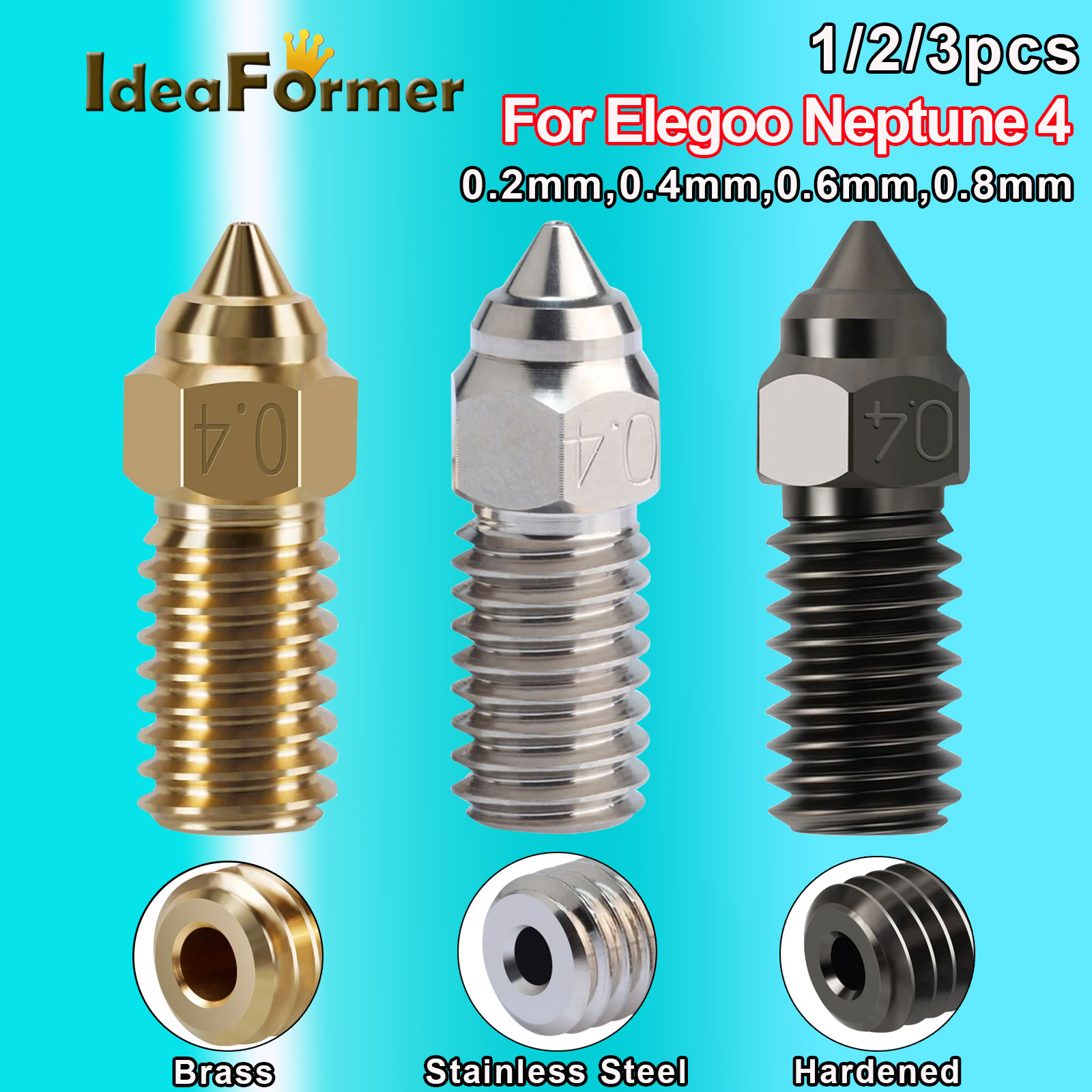 1/2/3pcs For ELEGOO Neptune 4 Nozzle Hardened/Stainless Steel/Brass High-Speed Nozzle For Elegoo Neptune 4 pro 0.2,0.4,0.6,0.8mm