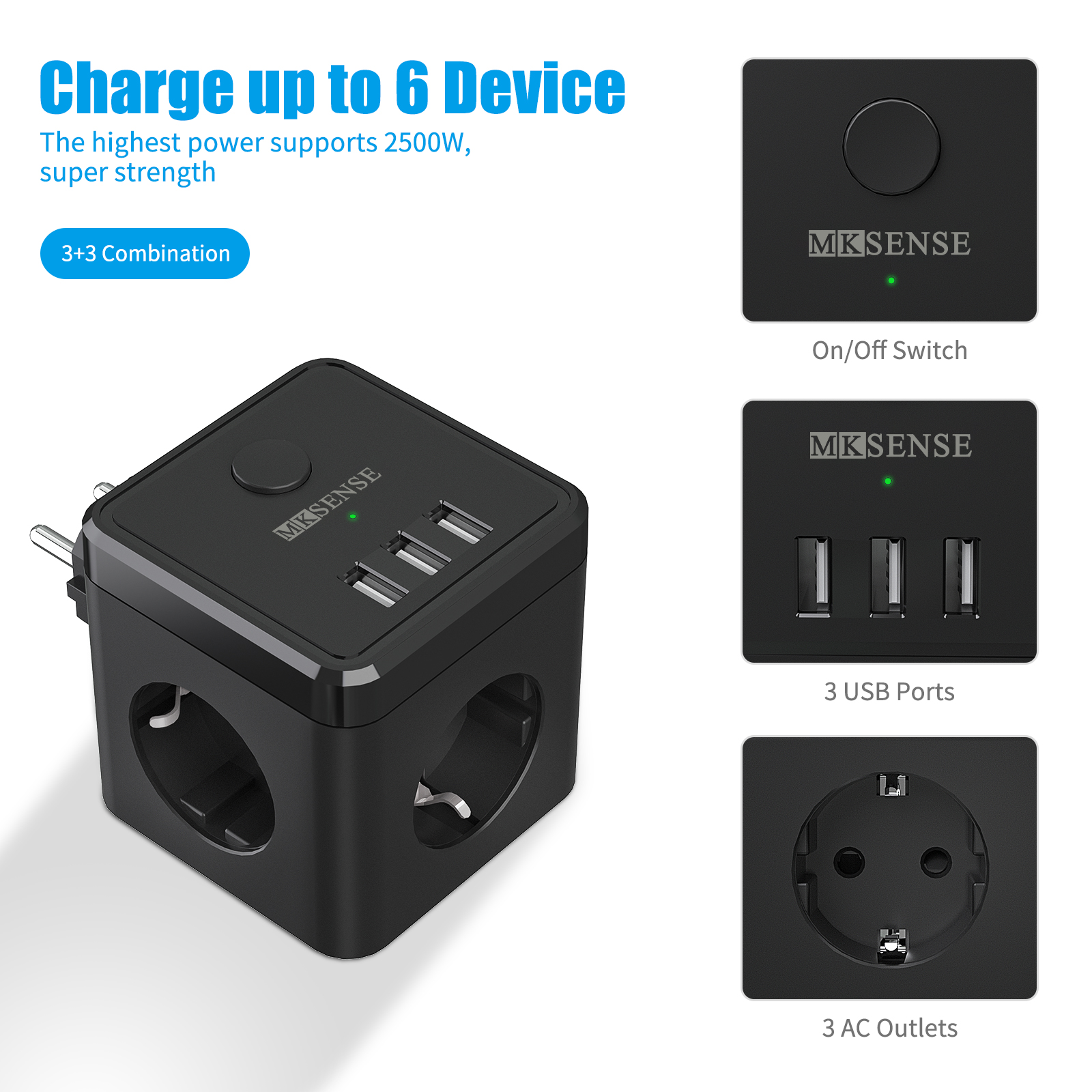 Elektryczna listwa zasilająca z wtyczką EU Cube z 3 gniazdami AC 3 porty USB 2400 W 5 V 2,4 A Wiele gniazd z przełącznikiem do domu bez kabla