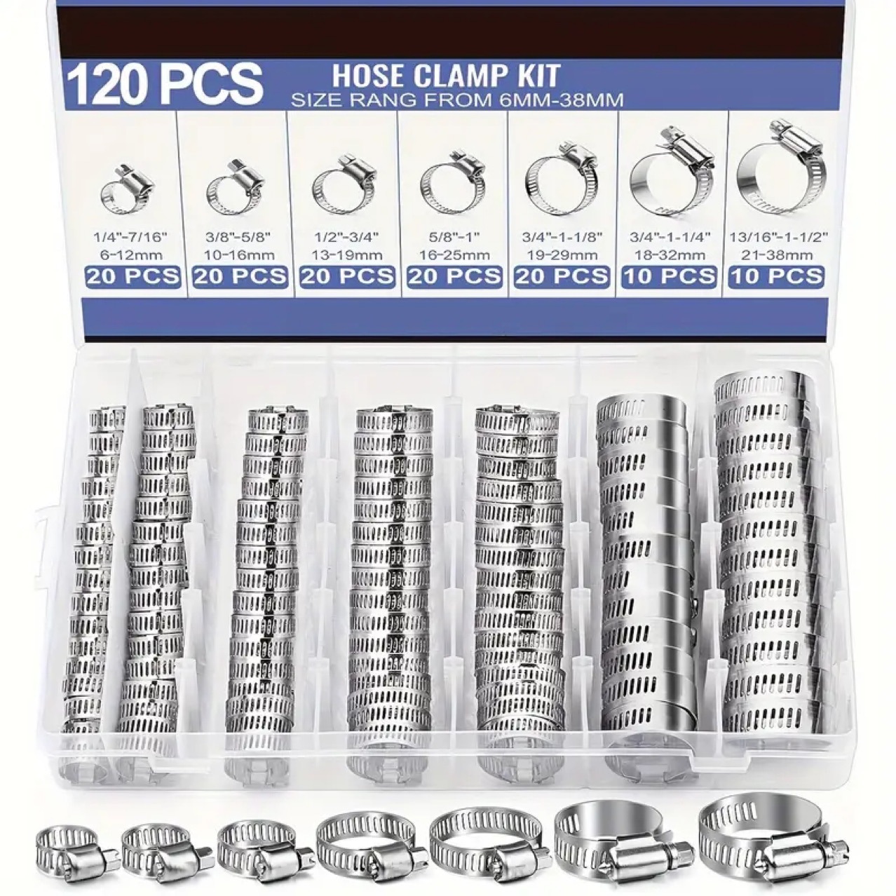 Kit de 120 Abraçadeiras de Aço Inoxidável com Rosca Sem Fim de 1/4'' a 1-1/2'' para Linhas de Combustível, Encanamento, Automotivo e Mecânica