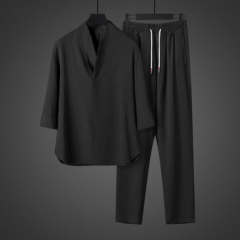 Spring Summer Thin Men Set Two Pieces Ice Silk V Neck Button Half Sleeve Tops Breathble Solid Color Pants Fashion Set