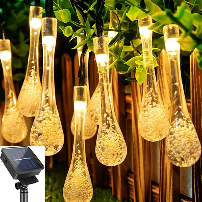 Guirnaldas de luces alimentadas por energía Solar con gotas de agua, guirnalda decorativa impermeable para exteriores, luces Fariy, Navidad, boda, fiesta, jardín