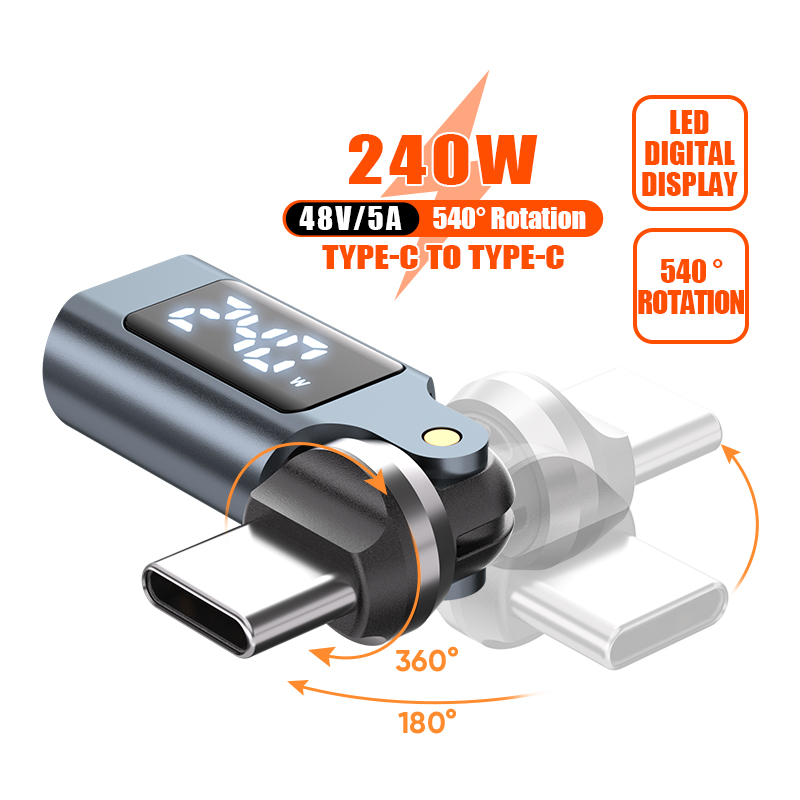 Adaptor Rotasi Type-C ke Type-C Male to Female PD240W 540 Derajat OTG Layar Digital 5A Pengisi Daya Cepat Untuk iPhone16 MacBook